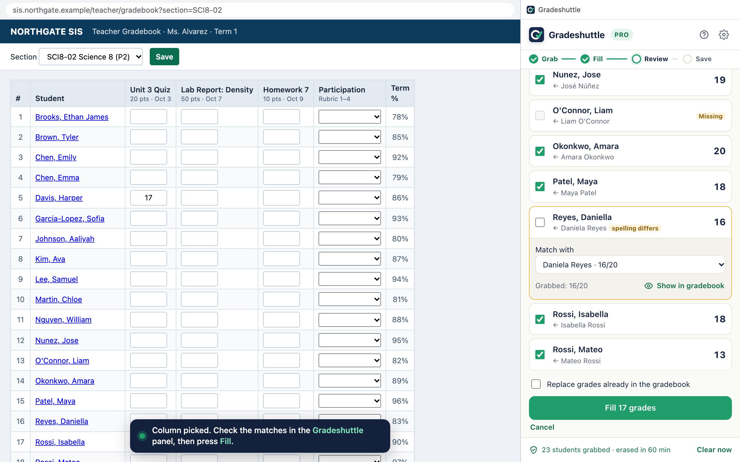 The review list, with one match marked ‘spelling differs’ expanded to show a ‘Match with’ dropdown.