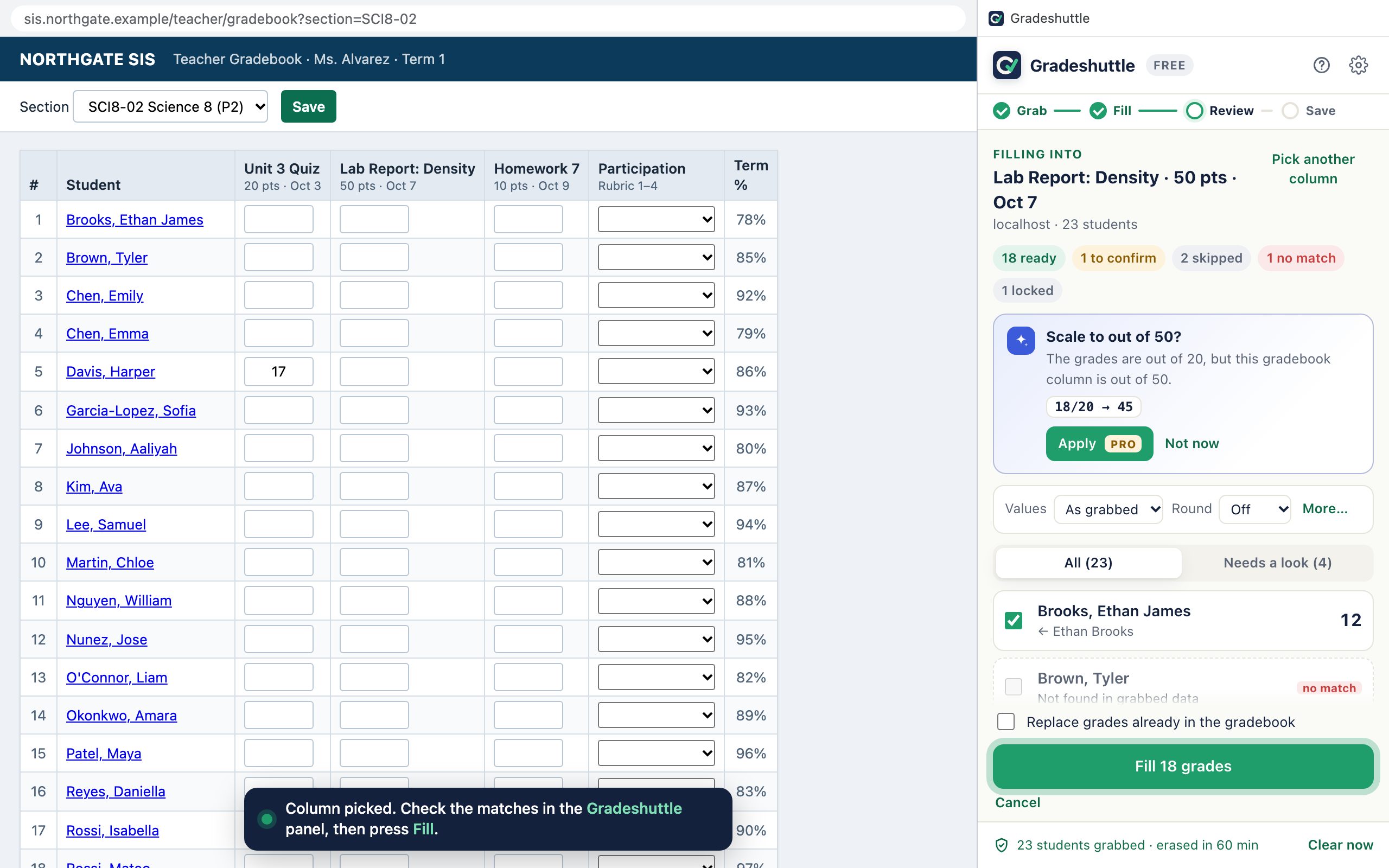 The Gradeshuttle review screen with a smart tip: the grades are out of 20 but the gradebook column is out of 50, with a one-click option to scale 18/20 to 45.