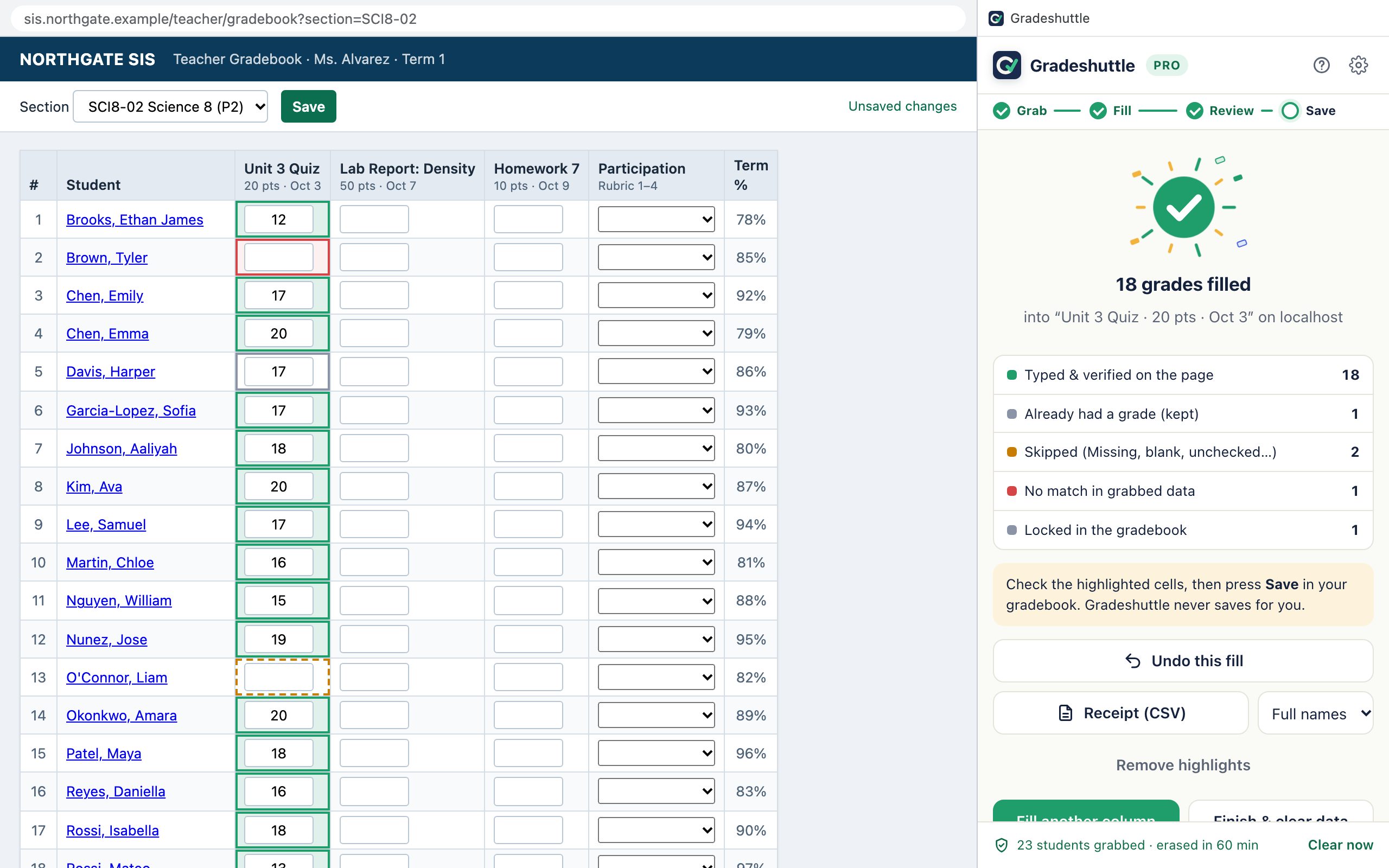 A school gradebook with a column of quiz scores filled in and outlined in green, next to the Gradeshuttle side panel reporting 18 grades filled and verified, with an Undo button.