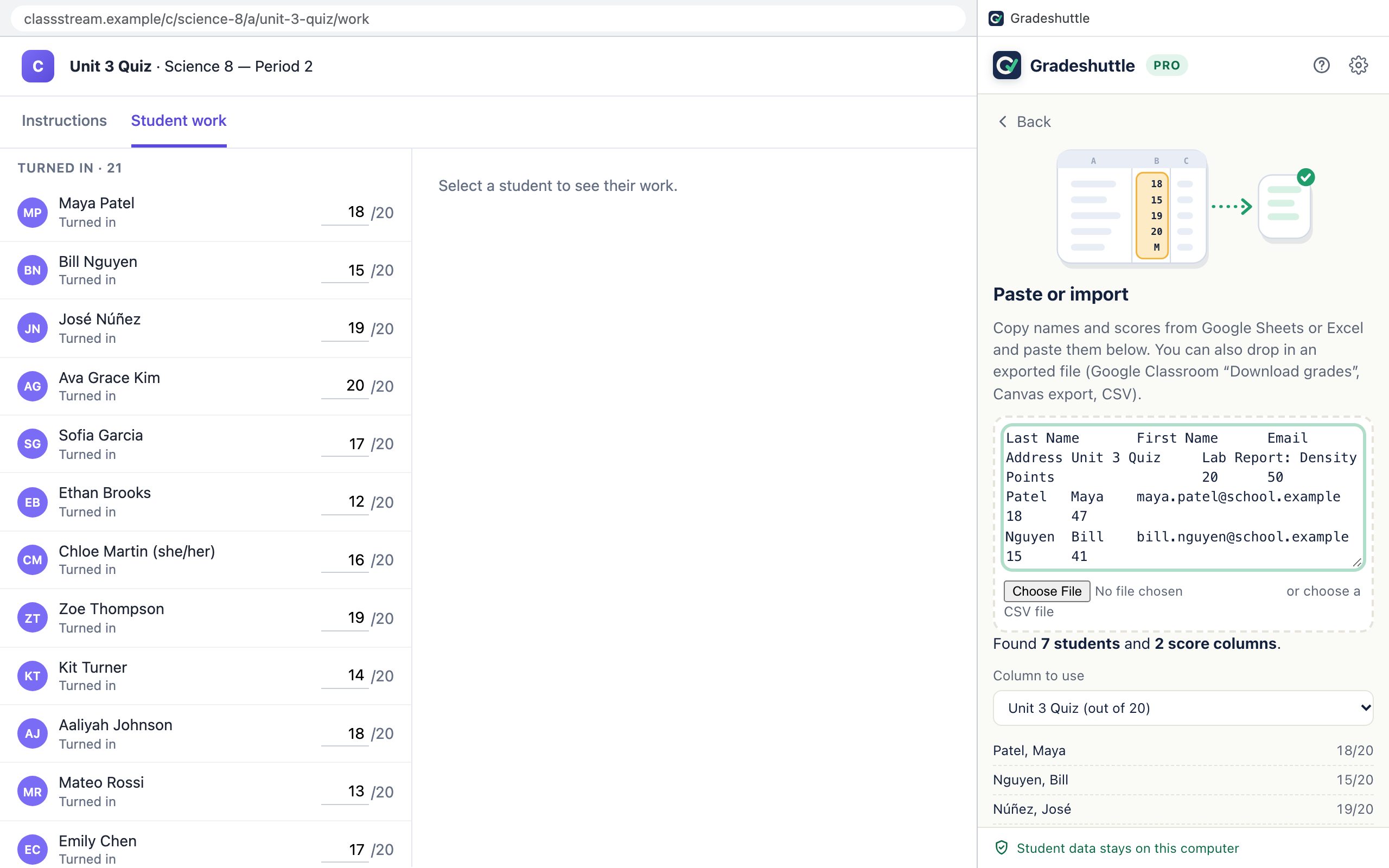 Gradeshuttle’s paste screen showing a pasted table: 7 students and 2 score columns found, with Unit 3 Quiz out of 20 selected and a preview of scores.